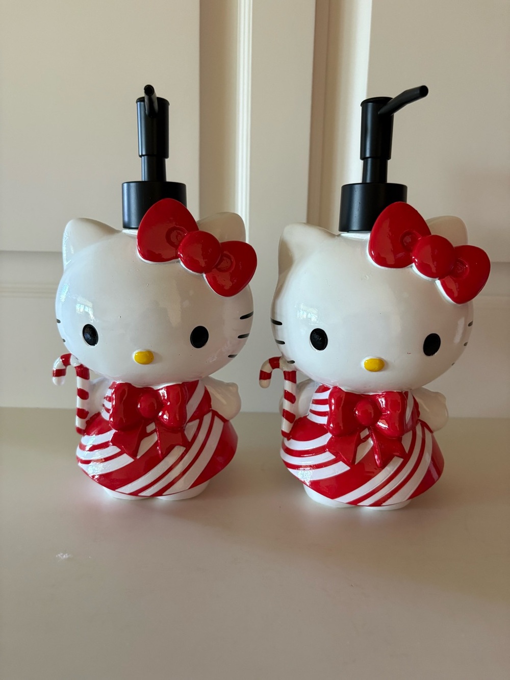 Matching Set Hello Kitty Candy Cane Christmas Ceramic Soap / Lotion Dispensers
